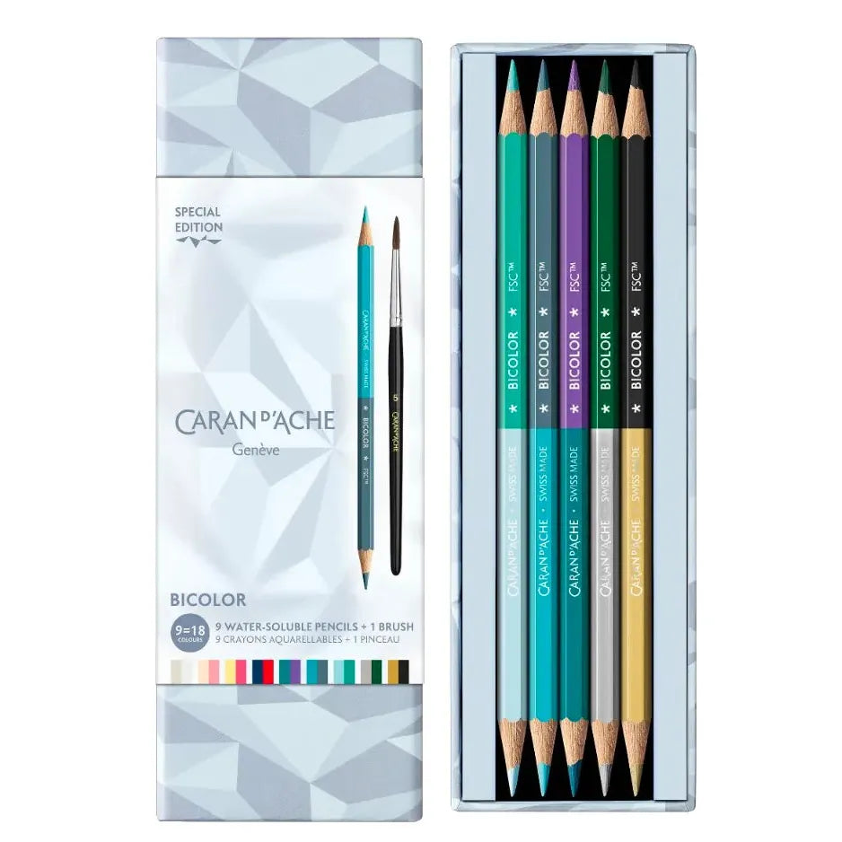 CA Set 9 Crayons Bicolor et Pinceau Alpine Frost-Boîte à Crayons-Caran d'Ache-Papeterie du Dôme