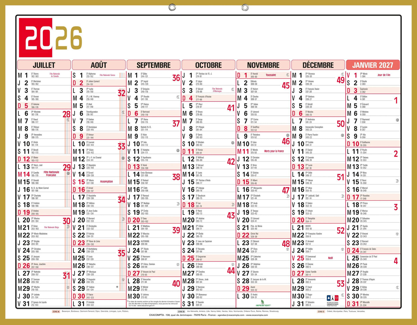EXA Calendrier Mémento Tricolore 43x33-Calendrier-Exacompta-Papeterie du Dôme