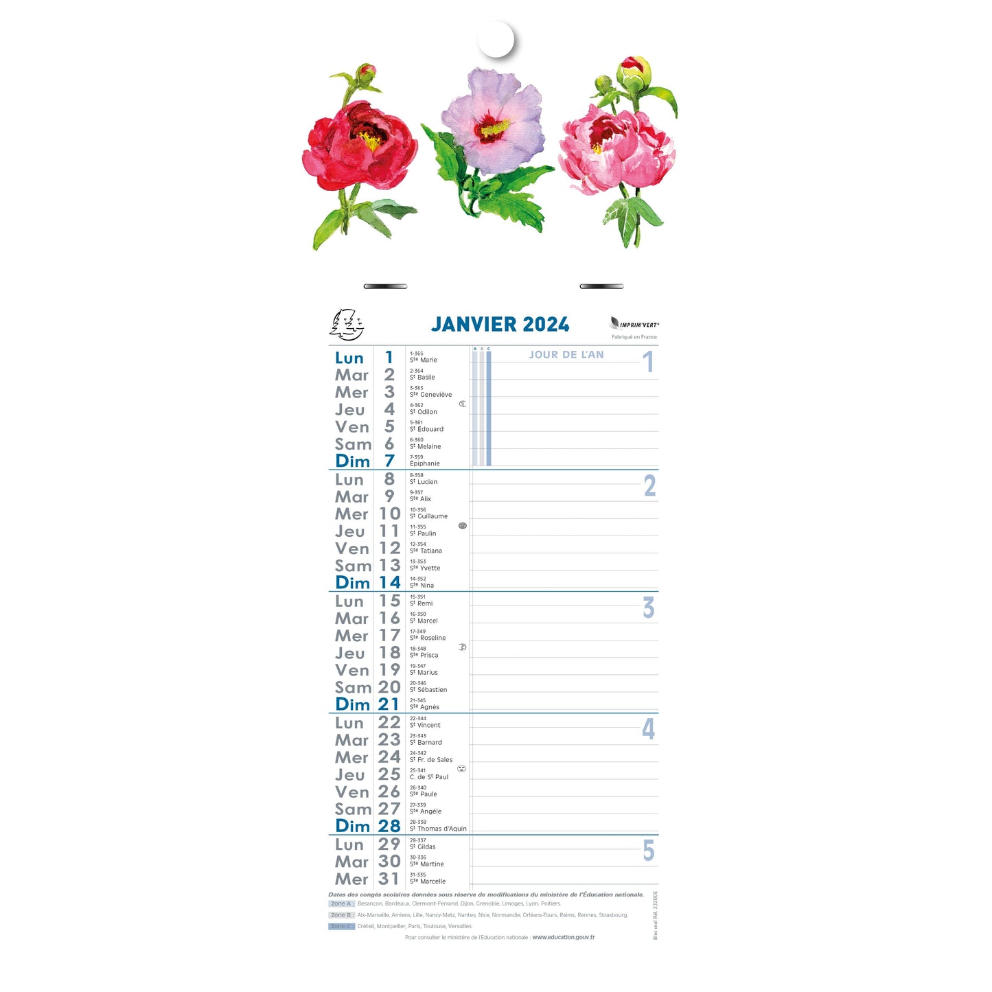 EXA Calendrier Mensuel Fleurs Feuillets Détachables 19x41-Calendrier-Exacompta-2024-Couleur Aléatoire-Papeterie du Dôme