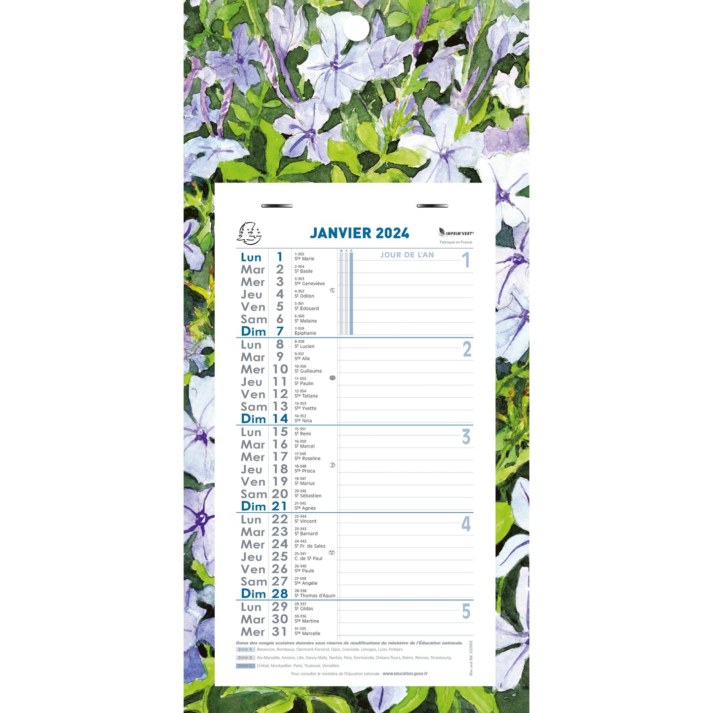 EXA Calendrier Mensuel Fleurs Feuillets Détachables 19x41-Calendrier-Exacompta-2024-Couleur Aléatoire-Papeterie du Dôme
