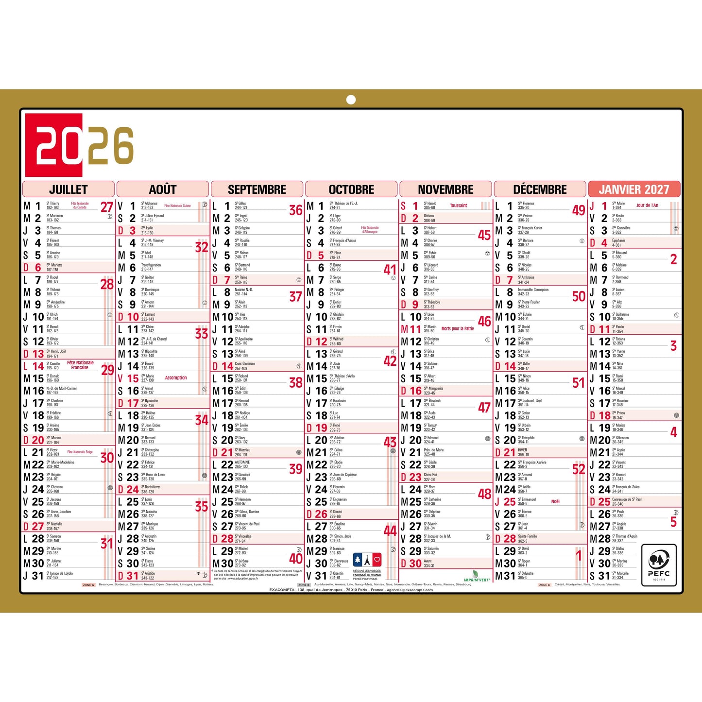 EXA Calendrier Tricolore Neutre 22x29,5-Calendrier-Exacompta-Papeterie du Dôme