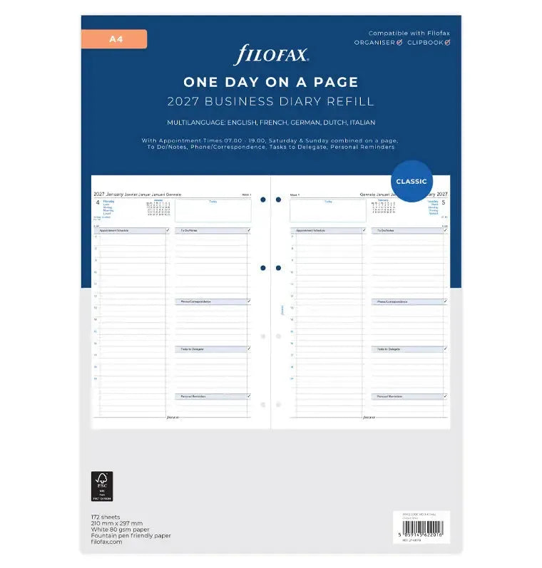 FFX A4 Agenda Business 1Jour/Page 5 Langues avec Heures-Recharge-Filofax-2027-Papeterie du Dôme