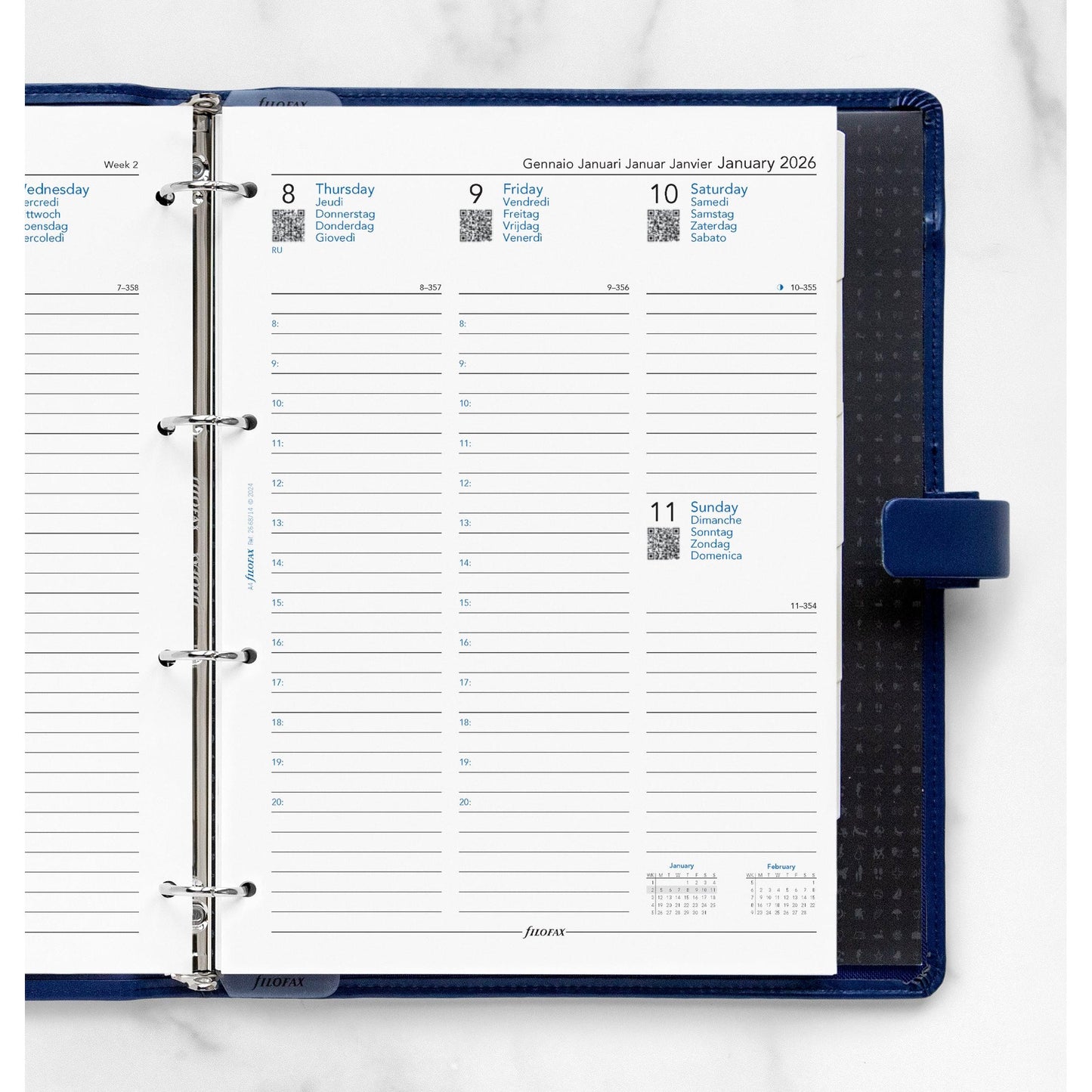 FFX A4 Agenda Semaine/2pages Verticale 5 Langues avec Heures FILOFAX-Recharge Agenda-Filofax-Papeterie du Dôme