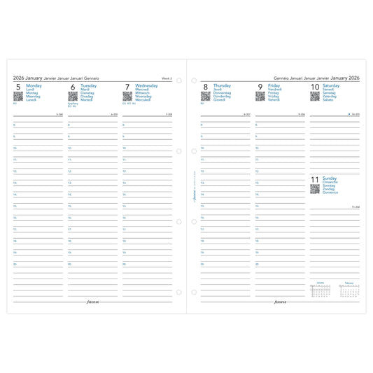 FFX A4 Agenda Semaine/2pages Verticale 5 Langues avec Heures FILOFAX-Recharge Agenda-Filofax-Papeterie du Dôme