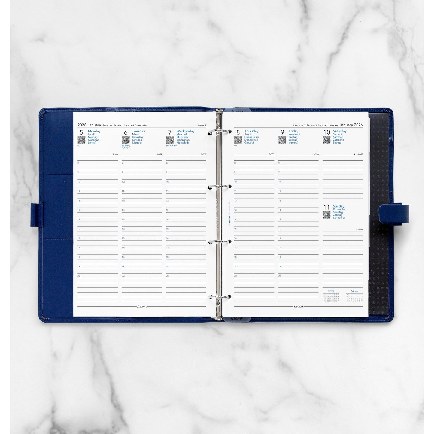 FFX A4 Agenda Semaine/2pages Verticale 5 Langues avec Heures FILOFAX-Recharge Agenda-Filofax-Papeterie du Dôme