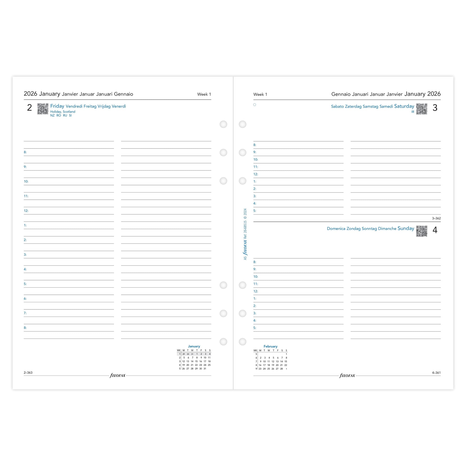 FFX A5 Agenda 1Jour/Page 5 Langues avec Heures FILOFAX-Recharge Agenda-Filofax-Papeterie du Dôme