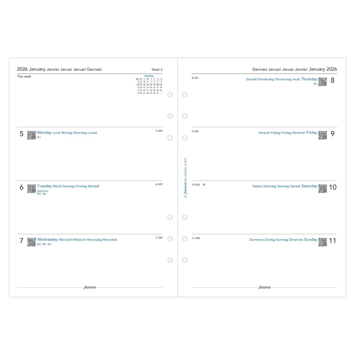 FFX A5 Agenda Semaine/2Pages Horizontal 5 Langues FILOFAX-Recharge Agenda-Filofax-Papeterie du Dôme