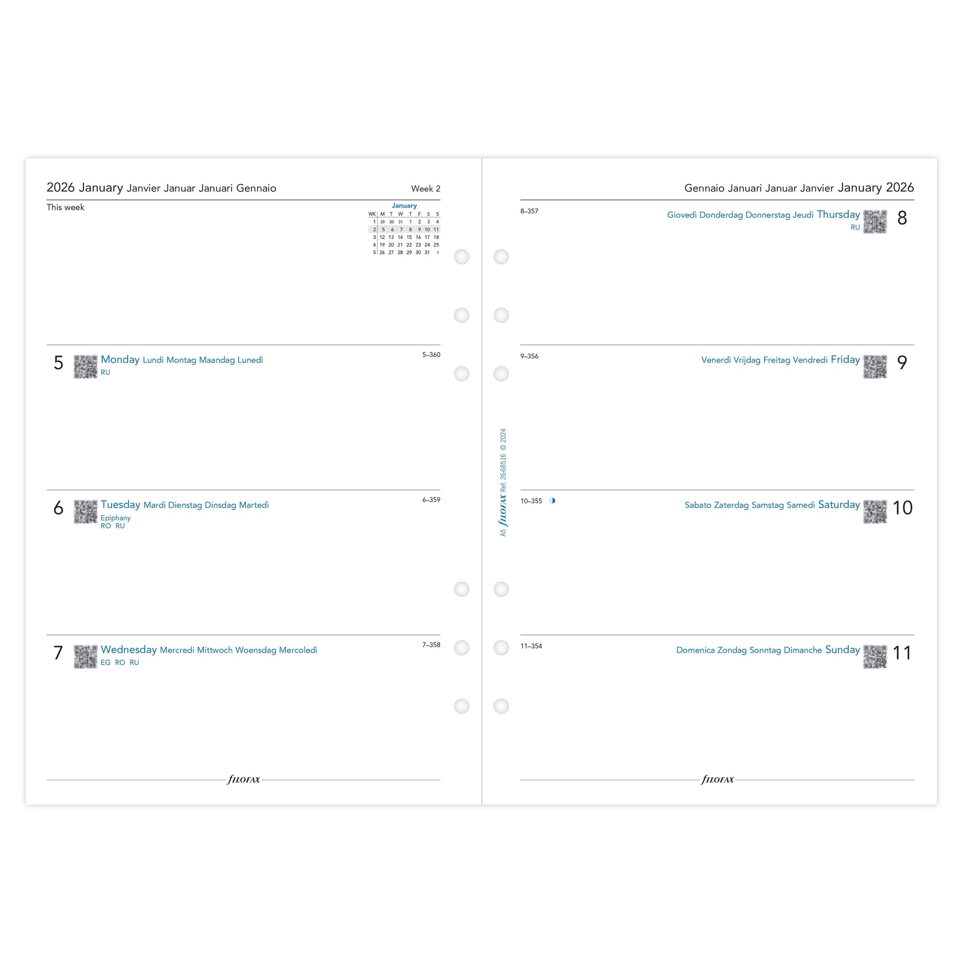 FFX A5 Agenda Semaine/2Pages Horizontal 5 Langues FILOFAX-Recharge Agenda-Filofax-Papeterie du Dôme