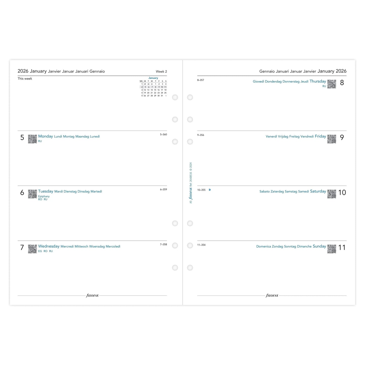 FFX A5 Agenda Semaine/2Pages Horizontal 5 Langues FILOFAX-Recharge Agenda-Filofax-Papeterie du Dôme