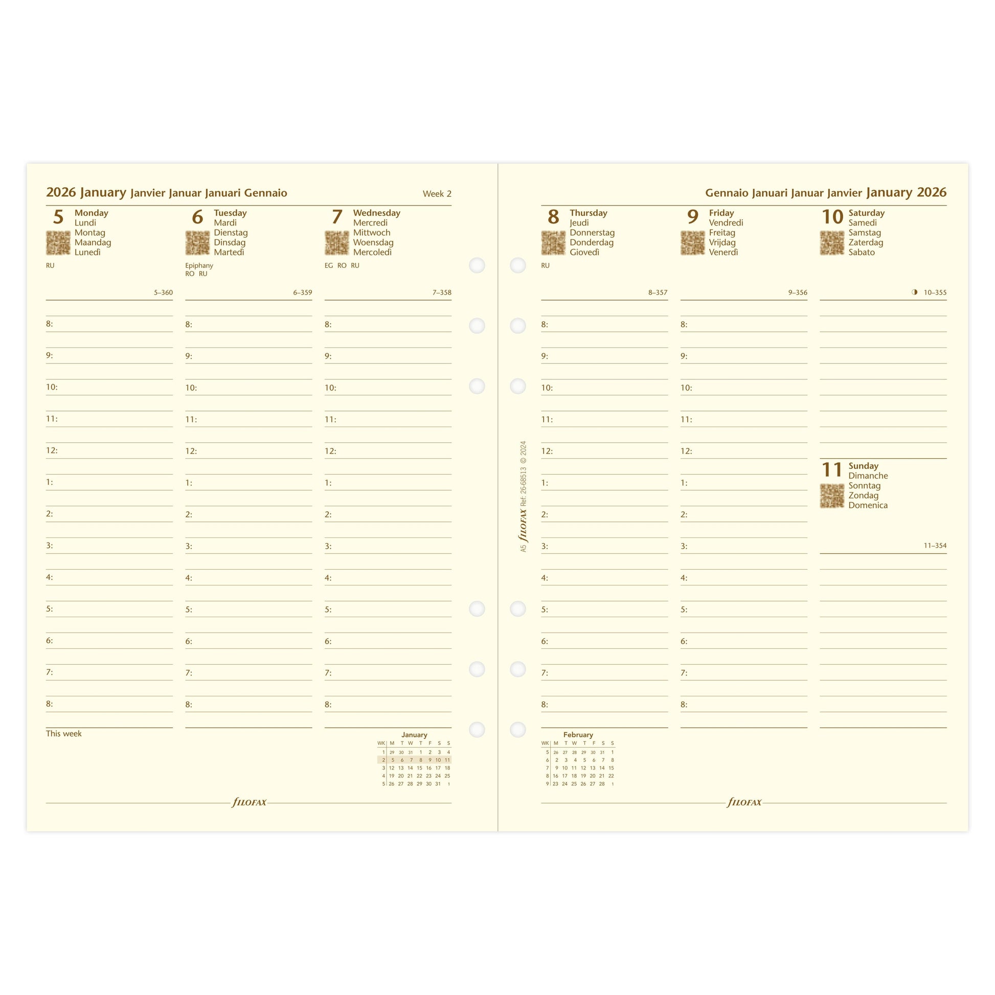 FFX A5 Agenda semaine/2 pages verticale. 5 langues Crème FILOFAX-Recharge Agenda-Filofax-Papeterie du Dôme