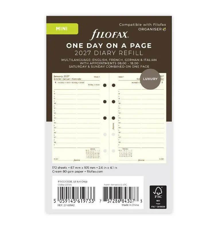 FFX Mini Agenda 1Jour/Page 4Langues Avec Heures Crème-Recharge Agenda-Filofax-2027-Papeterie du Dôme