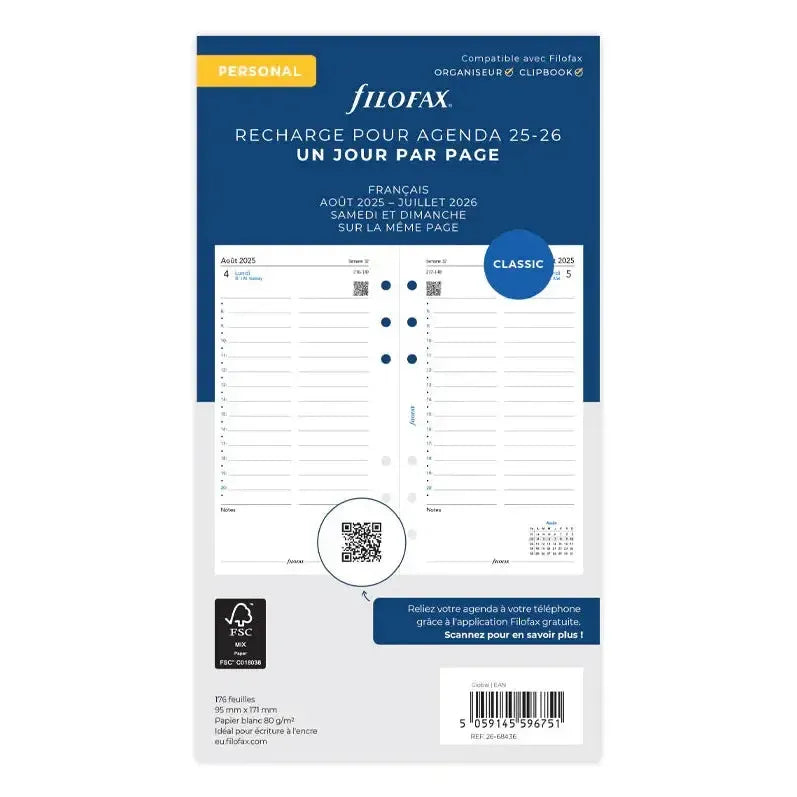 FFX Personal Agenda Août à Juillet 1Jour/Page FILOFAX-Recharge-Filofax-2025-2026-Papeterie du Dôme
