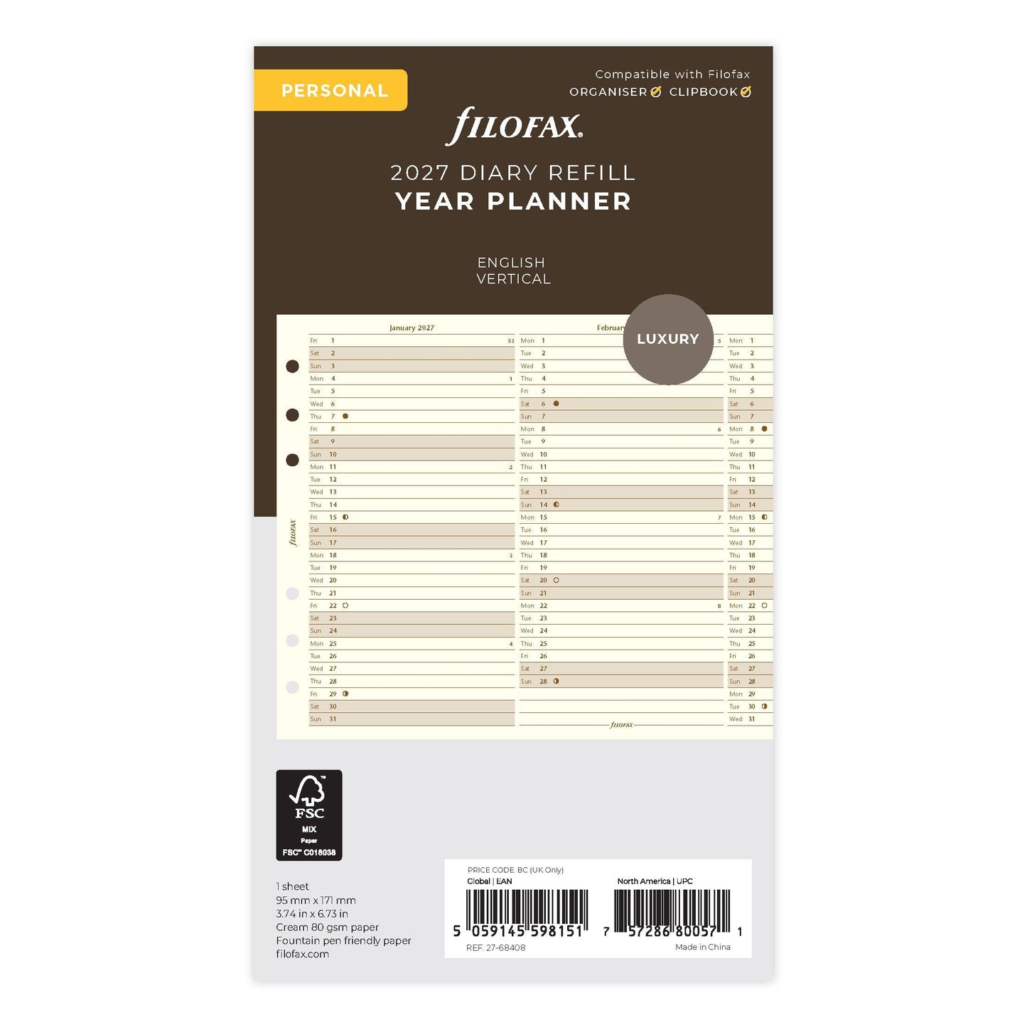 FFX Personal Agenda Planning vertical Anglais crème FILOFAX-Recharge Agenda-Filofax-Papeterie du Dôme