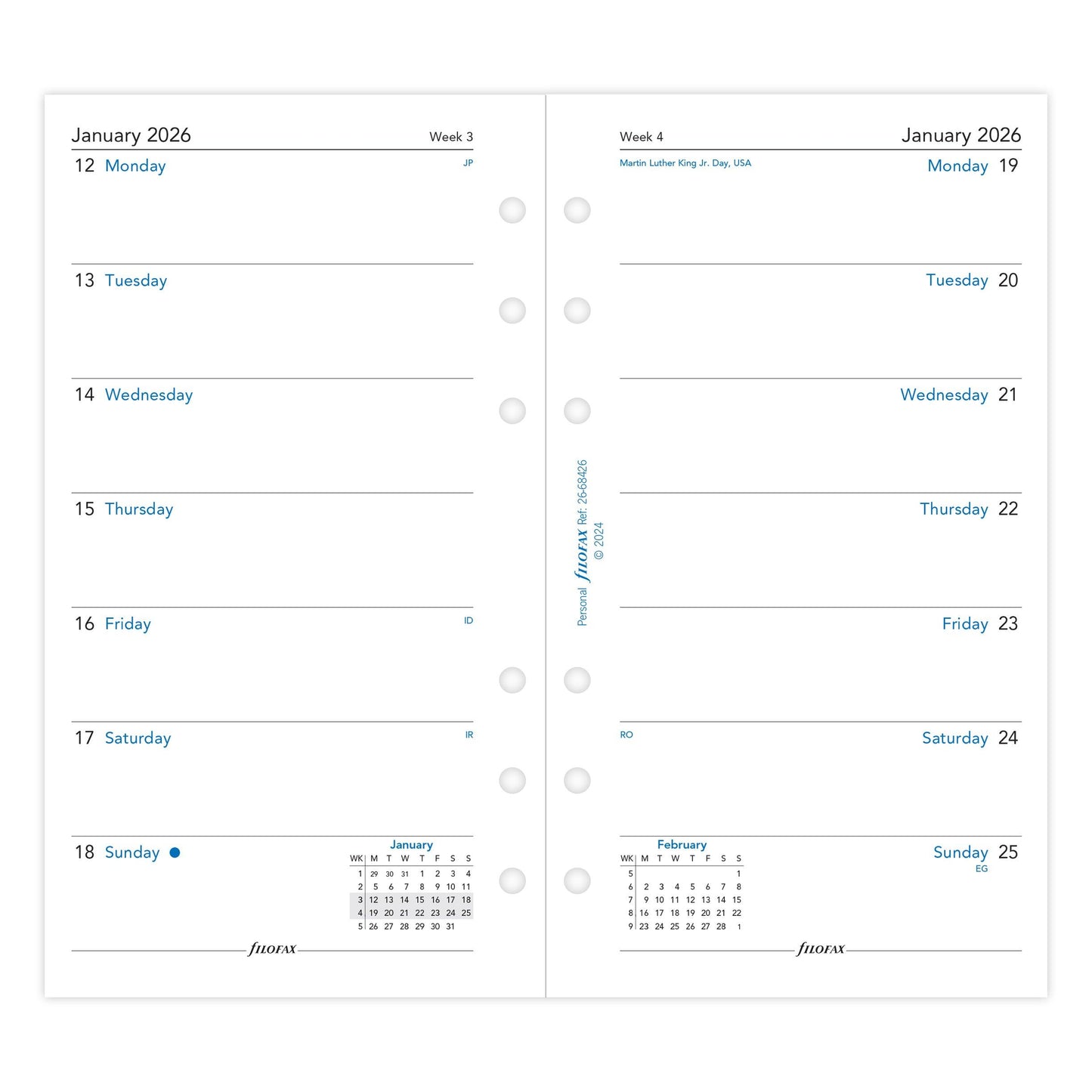 FFX Personal Agenda semaine/1page anglais sans heures FILOFAX-Recharge-Filofax-Papeterie du Dôme