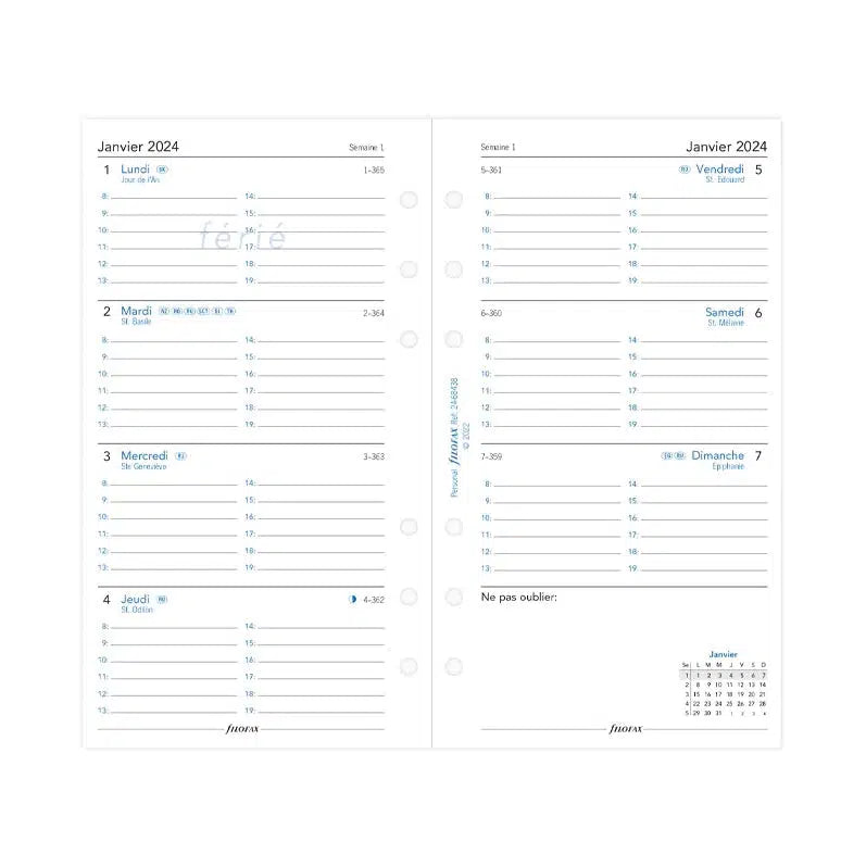 FFX Personal Semaine/2 Pages Horizontal avec Heures FR-Recharge-Filofax-2024-Papeterie du Dôme