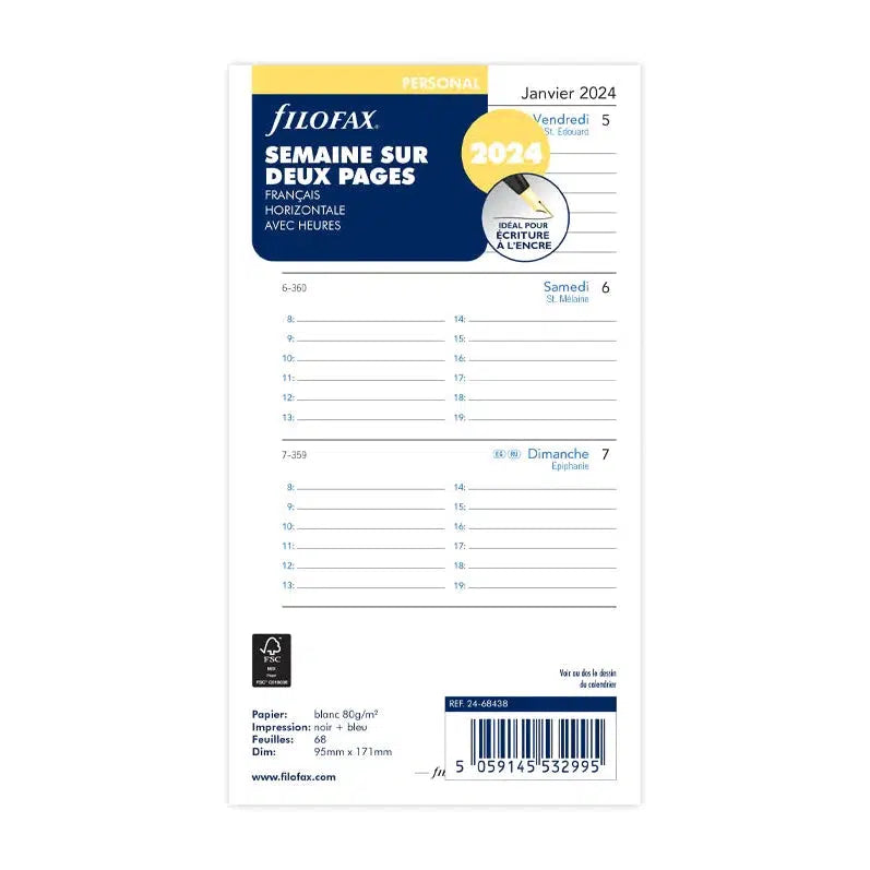 FFX Personal Semaine/2 Pages Horizontal avec Heures FR-Recharge-Filofax-2024-Papeterie du Dôme
