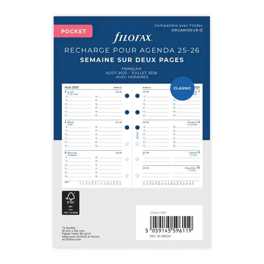 FFX Pocket Agenda Semaine sur Deux Pages Académique FILOFAX-Recharge-Filofax-2025-2026-Papeterie du Dôme