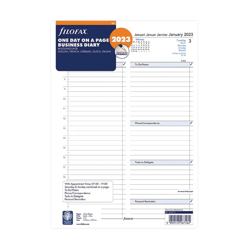 FFX Recharge A4 Business 1Jour/Page 5 Langues avec Heures-Recharge-Filofax-2023-Papeterie du Dôme
