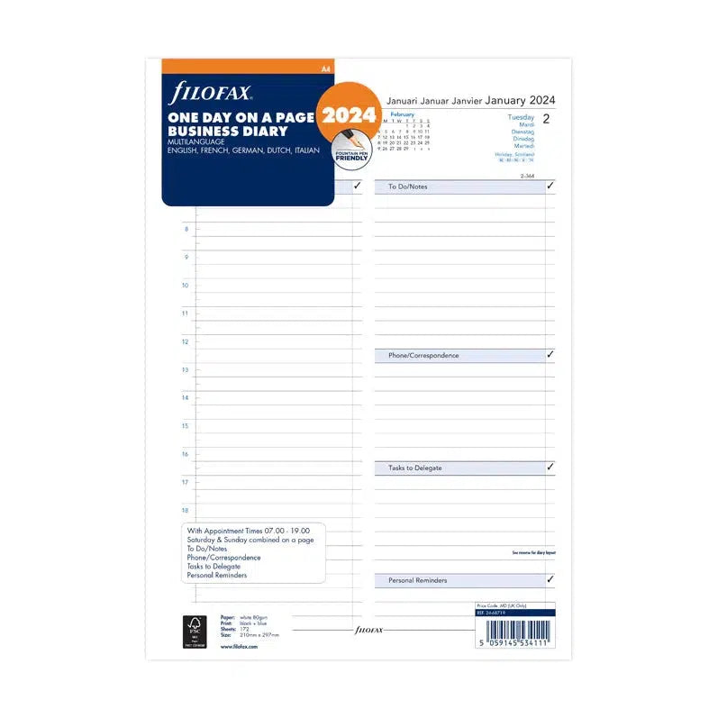 FFX Recharge A4 Business 1Jour/Page 5 Langues avec Heures-Recharge-Filofax-2024-Papeterie du Dôme