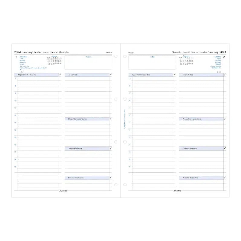 FFX Recharge A4 Business 1Jour/Page 5 Langues avec Heures-Recharge-Filofax-Papeterie du Dôme