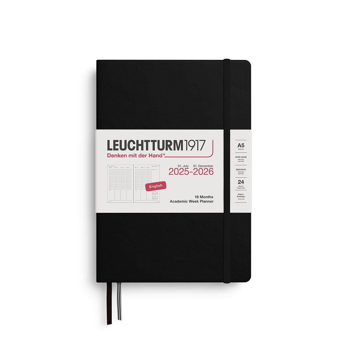 LCHT Agenda A5 Planificateur Universitaire 18 mois Vertical Rigide - Anglais-Agenda-Leuchtturm 1917-2025-2026-Noir-A5-Papeterie du Dôme