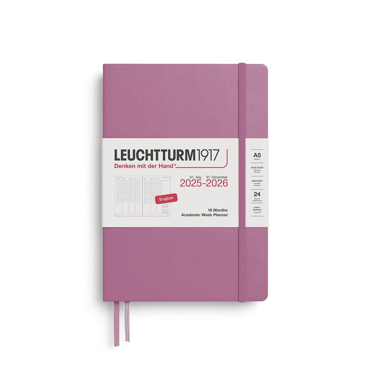 LCHT Agenda A5 Planificateur Universitaire 18 mois Vertical Rigide - Anglais-Agenda-Leuchtturm 1917-2025-2026-Dusty rose-A5-Papeterie du Dôme