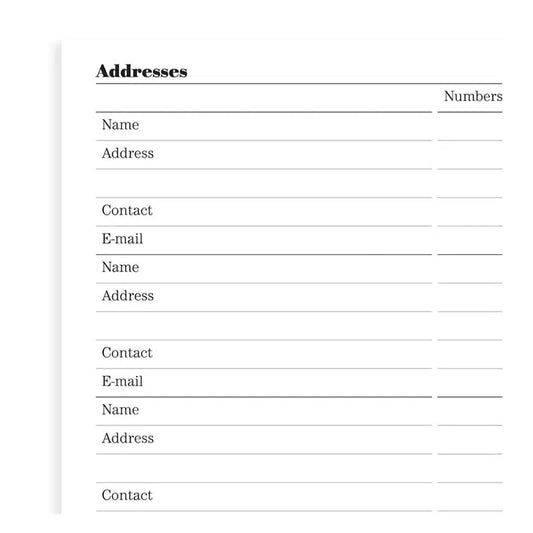 FFX Desk Feuilles Nom/Adresse/Téléphone/e-mail/Contact-Recharge-Filofax-Papeterie du Dôme