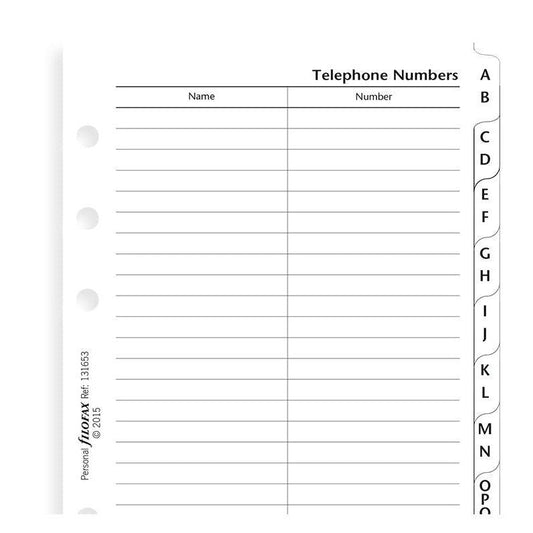FFX Personal Feuilles Lignées Index Alphabetique Nom/Adresse Slimline (2 lettres)-Recharge-Filofax-Papeterie du Dôme