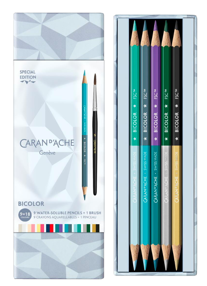 CA Set 9 Crayons Bicolor et Pinceau Alpine Frost-Boîte à Crayons-Caran d'Ache-Papeterie du Dôme