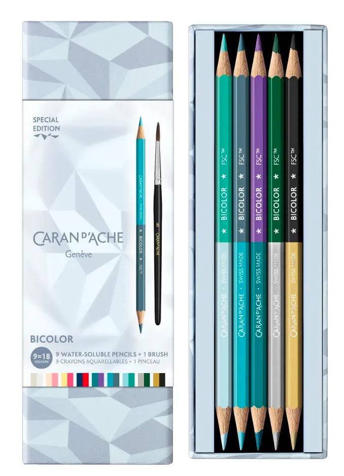 CA Set 9 Crayons Bicolor et Pinceau Alpine Frost-Boîte à Crayons-Caran d'Ache-Papeterie du Dôme