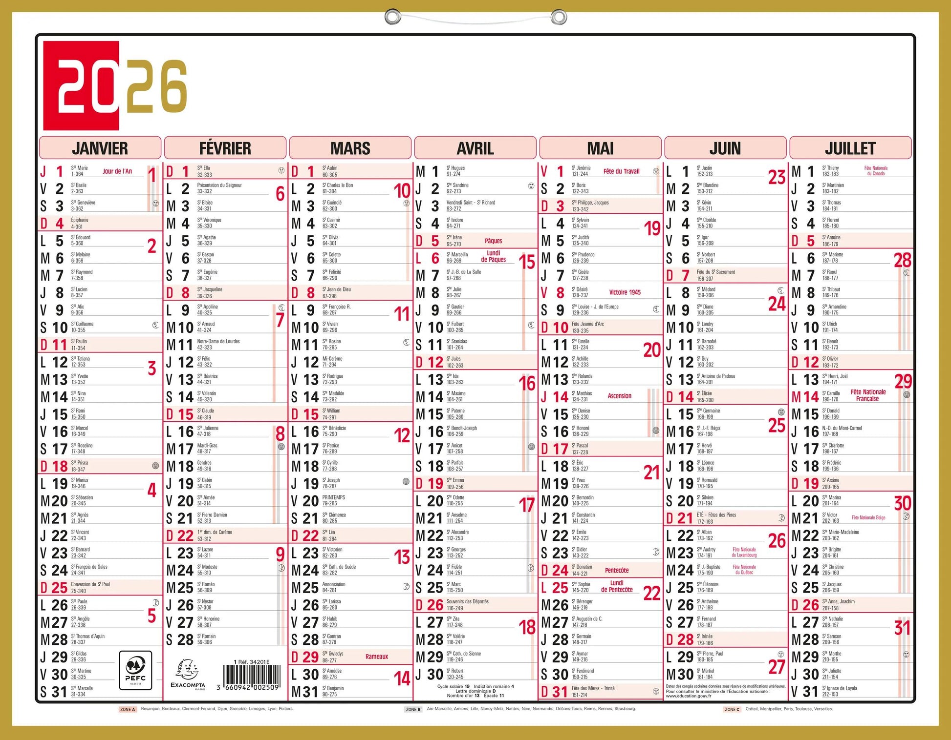 EXA Calendrier Mémento Tricolore 43x33-Calendrier-Exacompta-Papeterie du Dôme