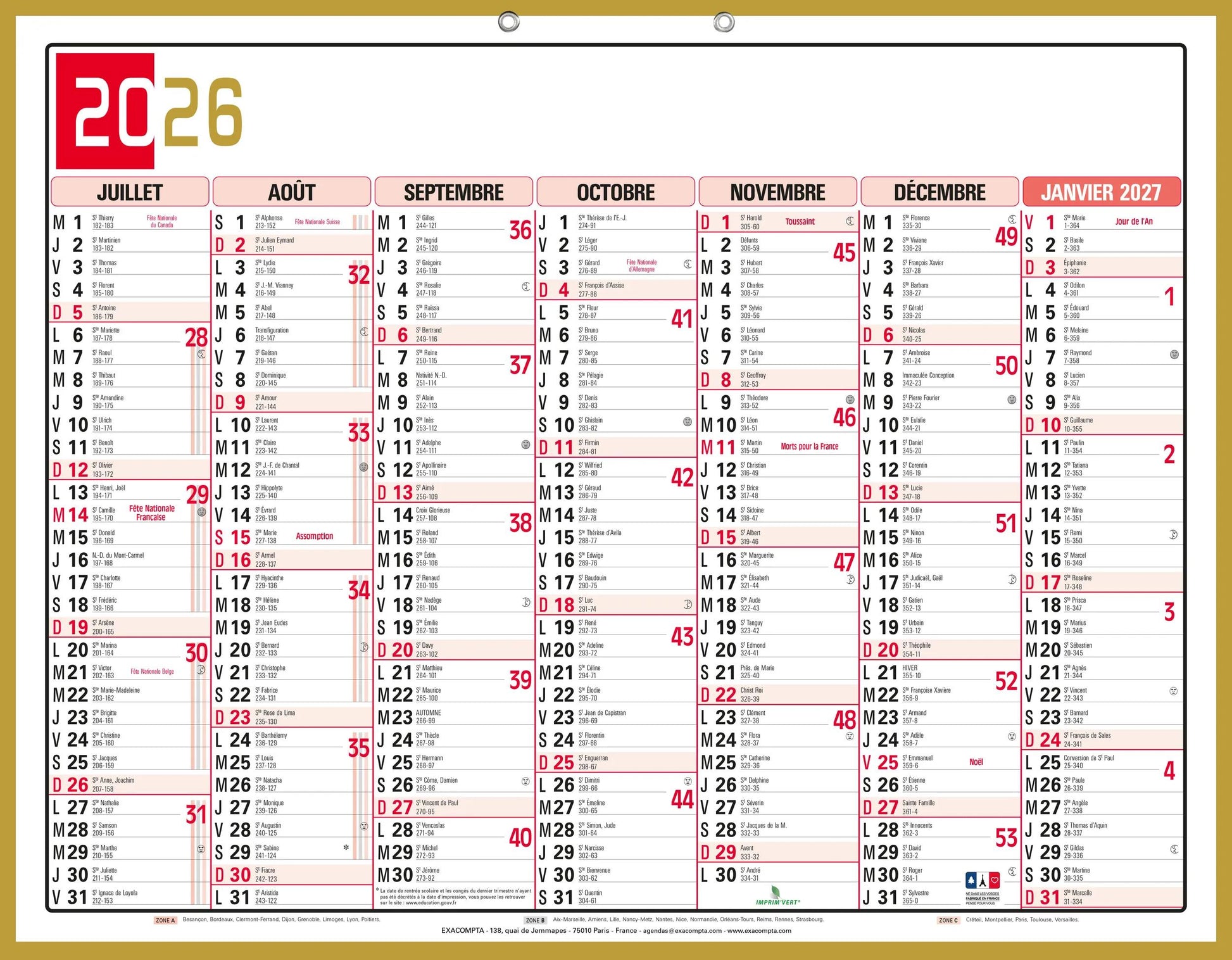 EXA Calendrier Mémento Tricolore 43x33-Calendrier-Exacompta-Papeterie du Dôme