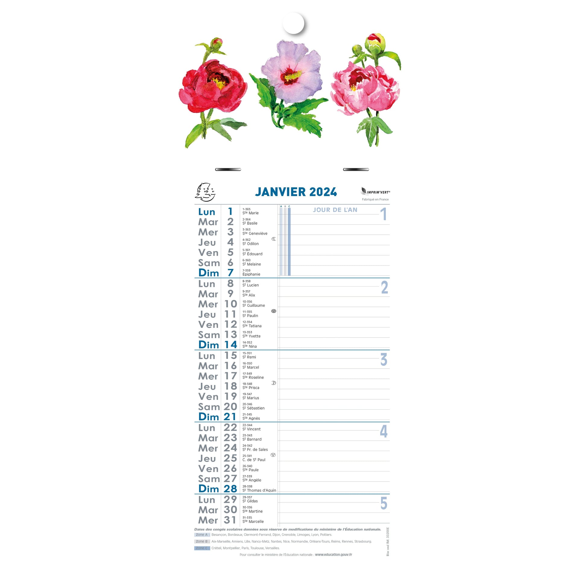 EXA Calendrier Mensuel Fleurs Feuillets Détachables 19x41-Calendrier-Exacompta-2024-Couleur Aléatoire-Papeterie du Dôme