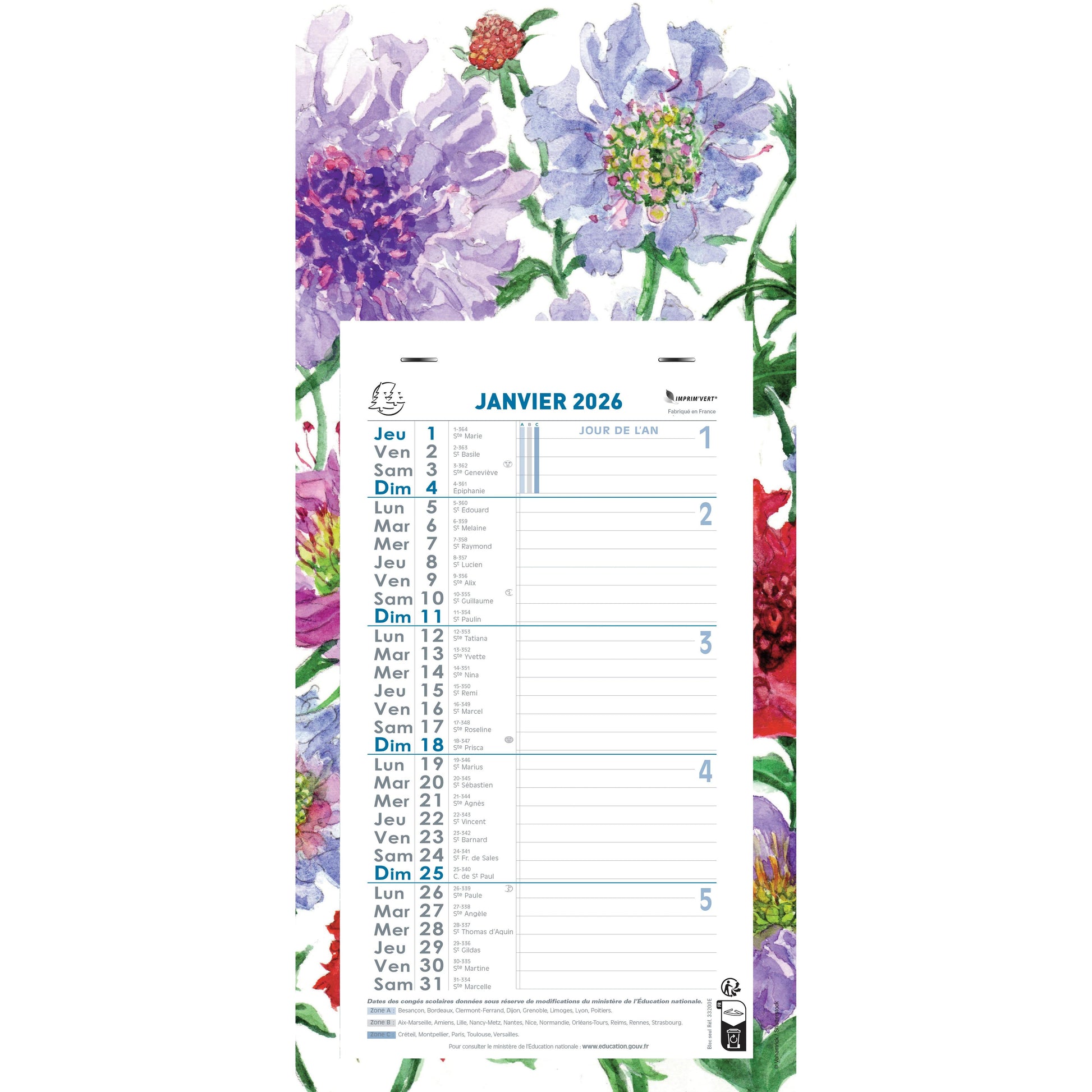 EXA Calendrier Mensuel Fleurs Feuillets Détachables 19x41-Calendrier-Exacompta-Papeterie du Dôme