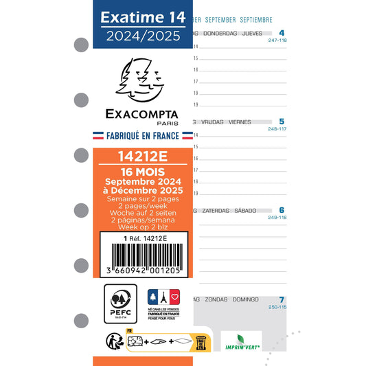 EXA Recharge Exatime 14 Sem/2Pages Horizontale SAD-Recharge Agenda-Exacompta-Papeterie du Dôme