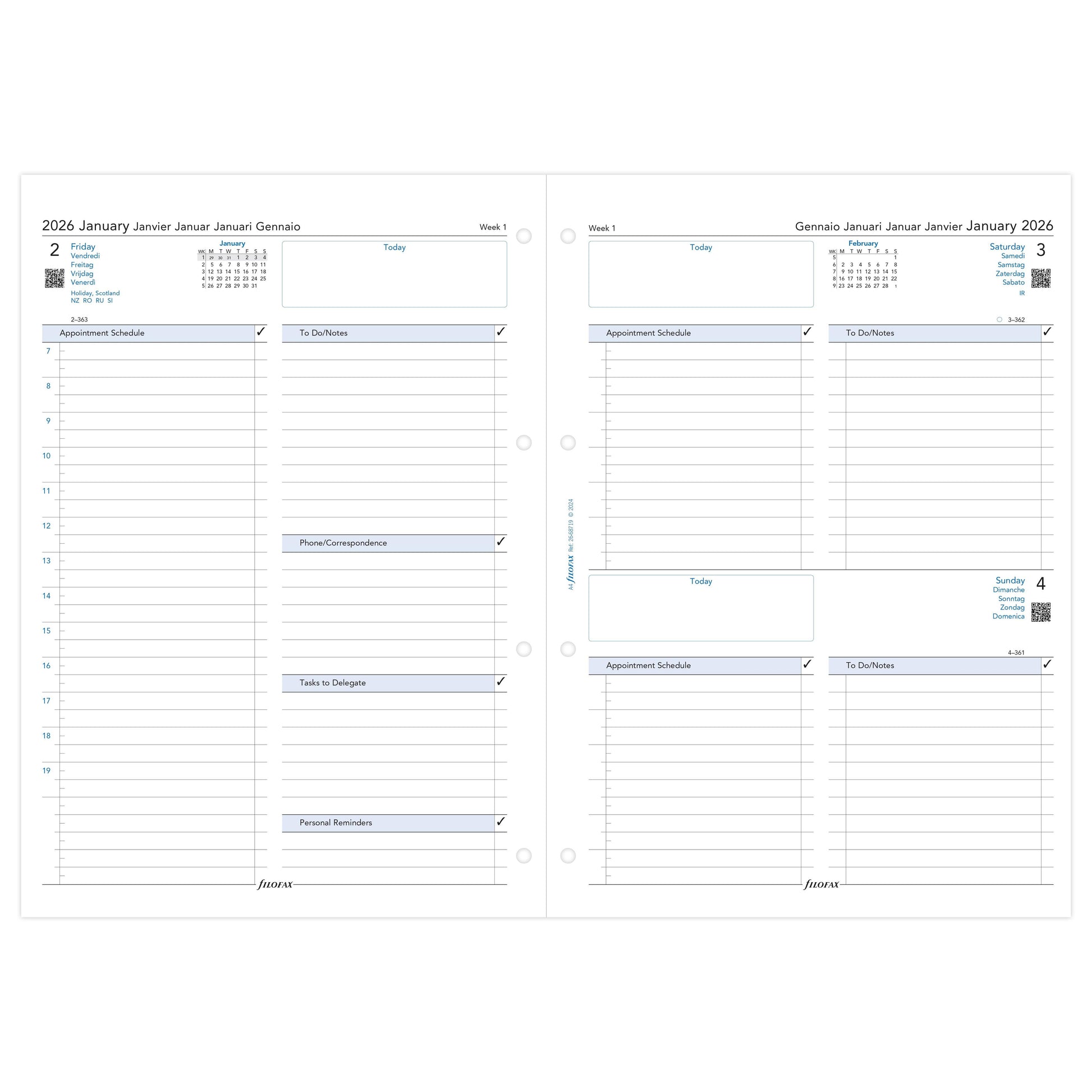 FFX A4 Agenda Business 1Jour/Page 5 Langues avec Heures FILOFAX-Recharge-Filofax-Papeterie du Dôme