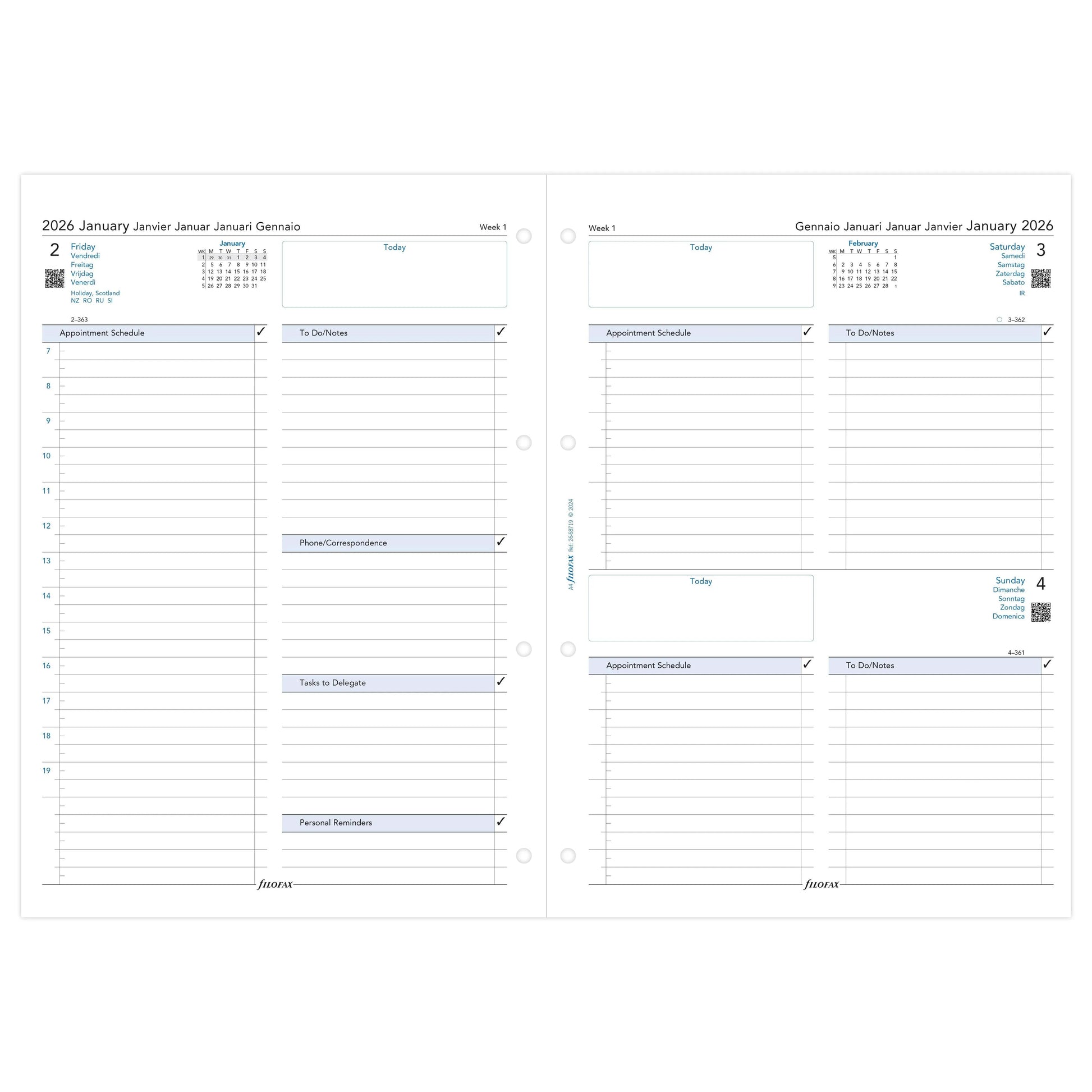 FFX A4 Agenda Business 1Jour/Page 5 Langues avec Heures FILOFAX-Recharge-Filofax-Papeterie du Dôme
