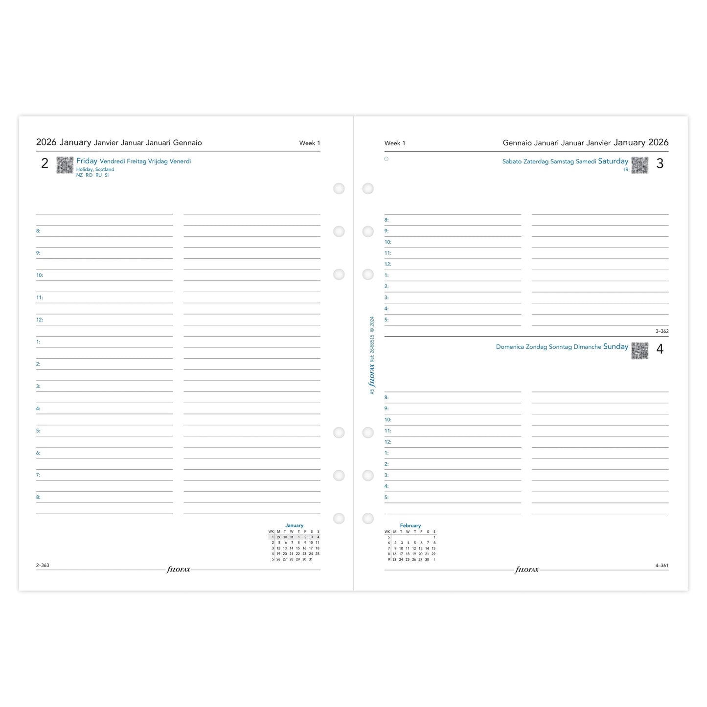 FFX A5 Agenda 1Jour/Page 5 Langues avec Heures FILOFAX-Recharge Agenda-Filofax-Papeterie du Dôme