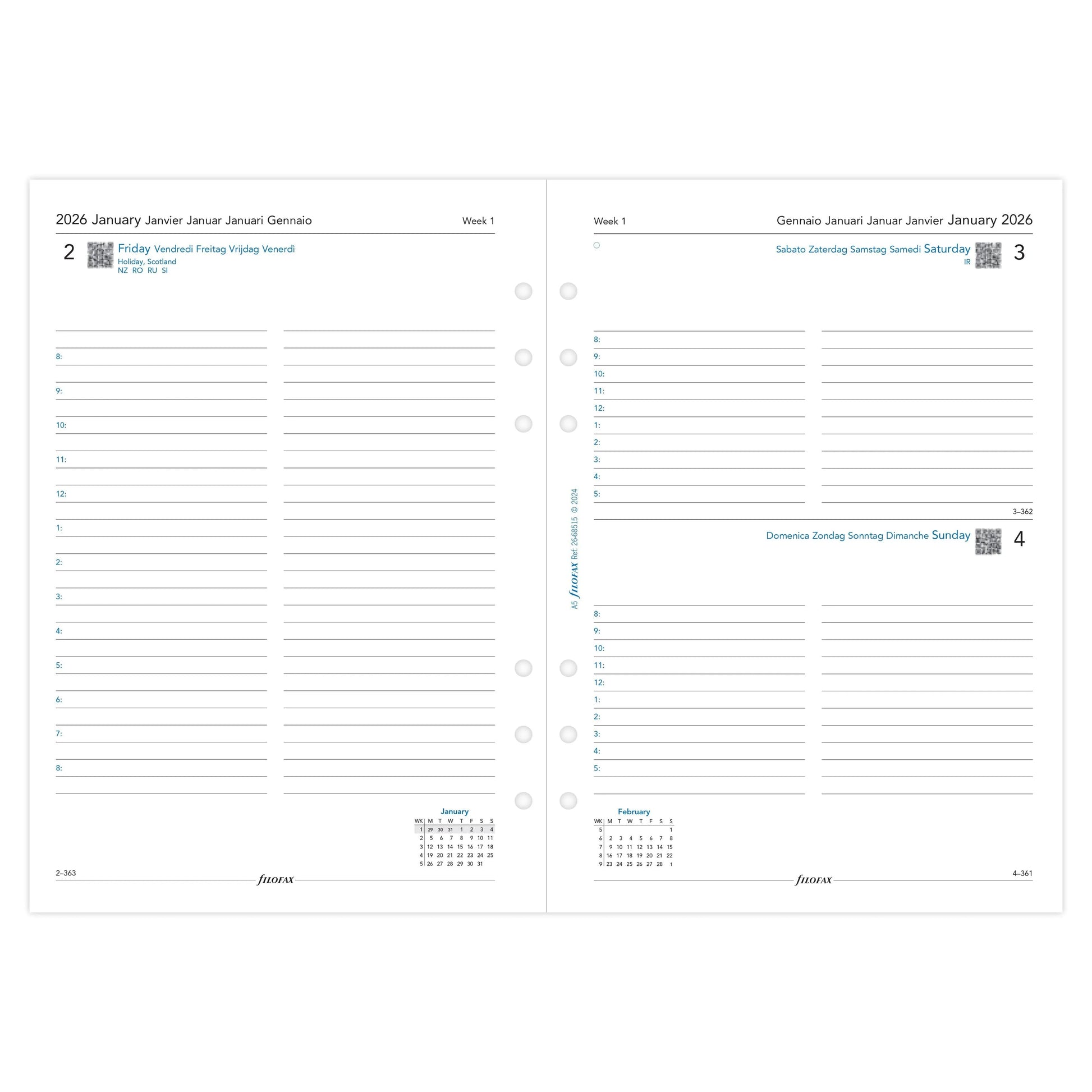 FFX A5 Agenda 1Jour/Page 5 Langues avec Heures FILOFAX-Recharge Agenda-Filofax-Papeterie du Dôme