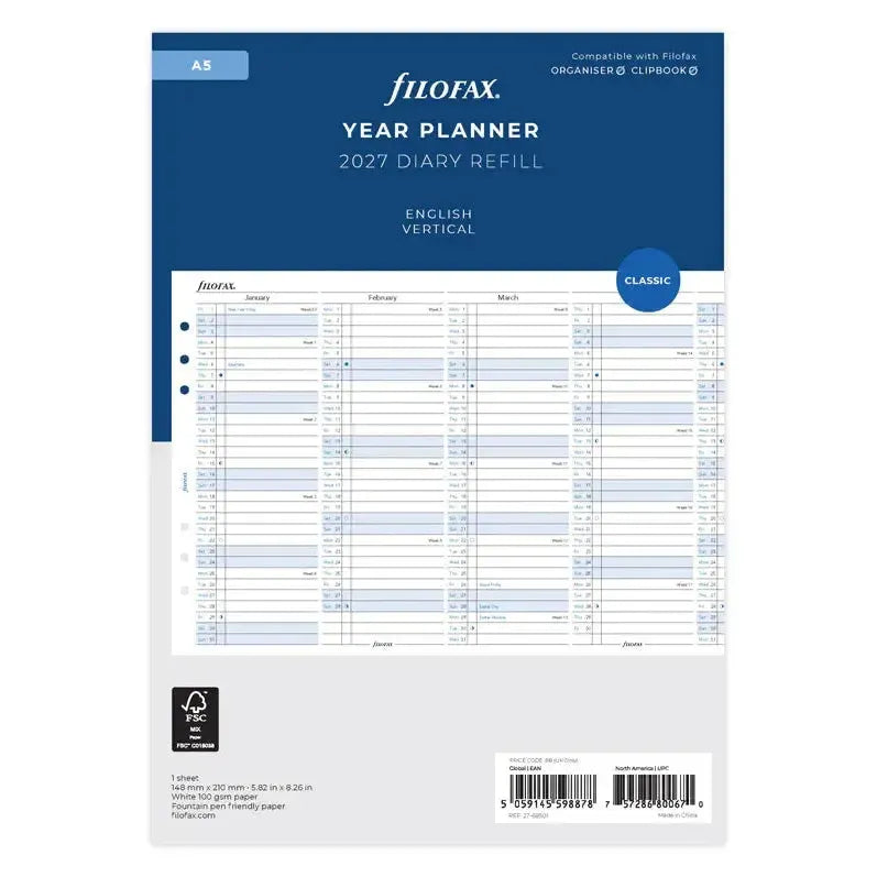 FFX A5 Agenda Planning vertical en Anglais FILOFAX-Recharge Agenda-Filofax-Papeterie du Dôme