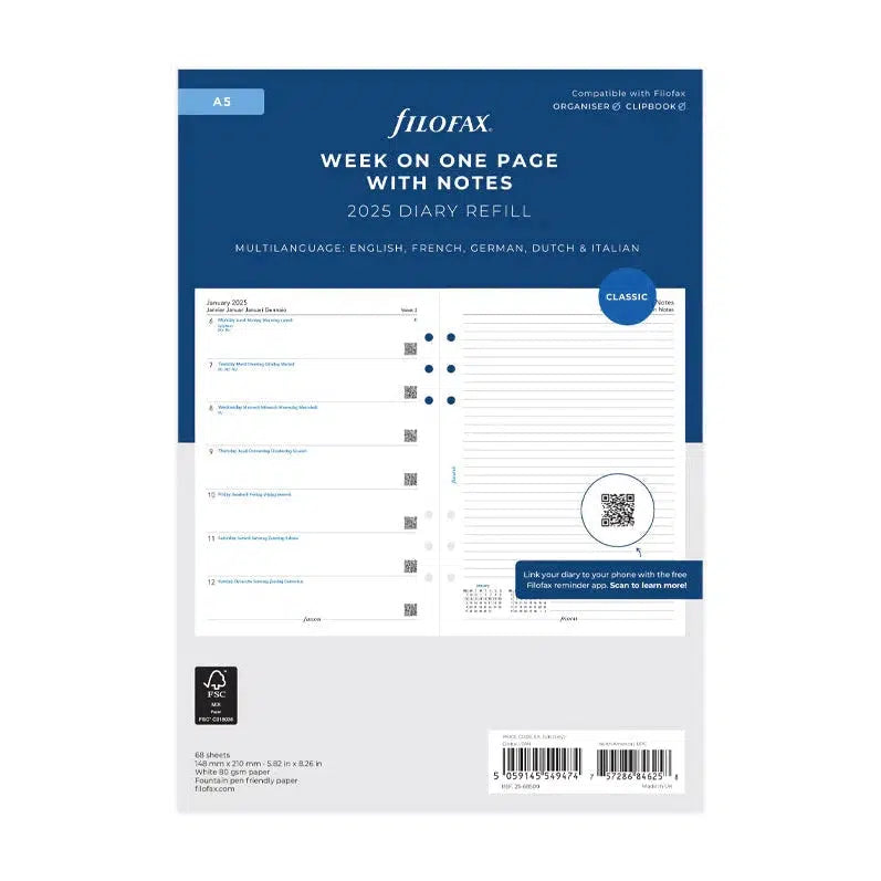 FFX A5 Agenda Semaine/1Page + Notes 5 Langues sans Heures FILOFAX-Recharge Agenda-Filofax-Papeterie du Dôme