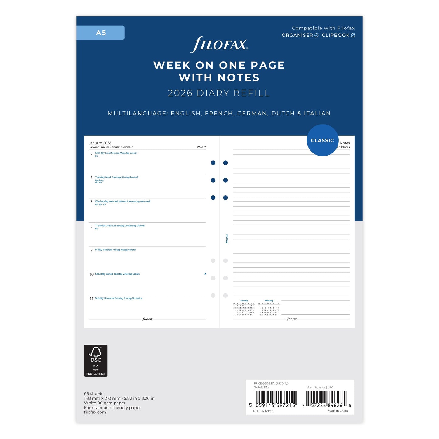 FFX A5 Agenda Semaine/1Page + Notes 5 Langues sans Heures FILOFAX-Recharge Agenda-Filofax-Papeterie du Dôme