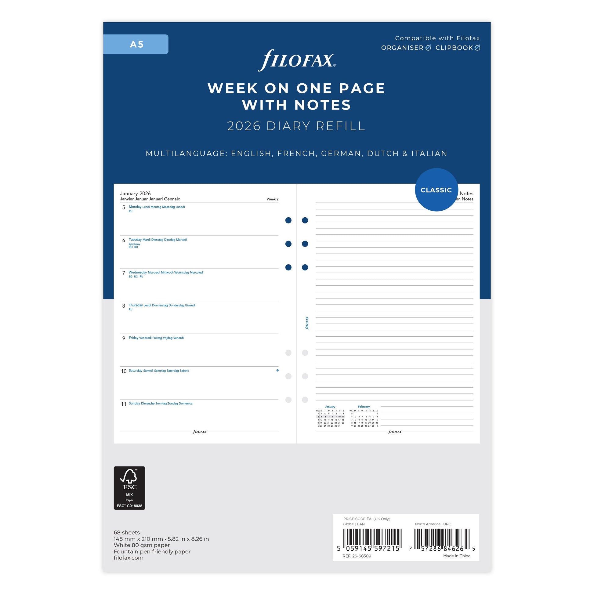 FFX A5 Agenda Semaine/1Page + Notes 5 Langues sans Heures FILOFAX-Recharge Agenda-Filofax-Papeterie du Dôme
