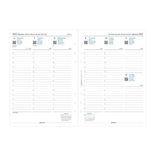 FFX A5 Agenda Semaine/2 Pages Verticale 5 Langues avec Heures FILOFAX-Recharge Agenda-Filofax-Papeterie du Dôme