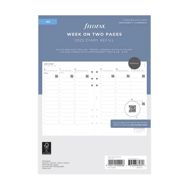 FFX A5 Agenda Semaine/2 Pages Verticale Minimal FILOFAX-Recharge Agenda-Filofax-Papeterie du Dôme