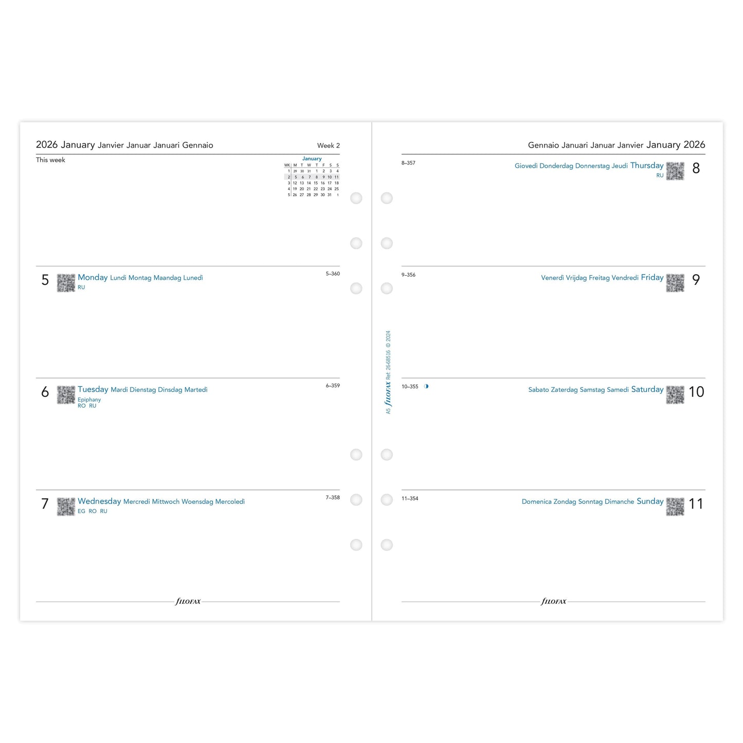 FFX A5 Agenda Semaine/2Pages Horizontal 5 Langues FILOFAX-Recharge Agenda-Filofax-Papeterie du Dôme