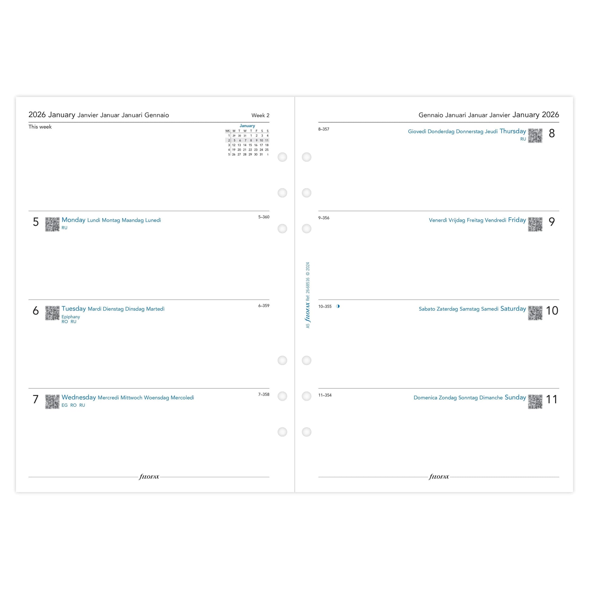 FFX A5 Agenda Semaine/2Pages Horizontal 5 Langues FILOFAX-Recharge Agenda-Filofax-Papeterie du Dôme