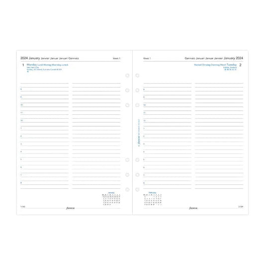 FFX A5 Recharge 1Jour/Page 5 Langues avec Heures-Recharge-Filofax-2024-Papeterie du Dôme