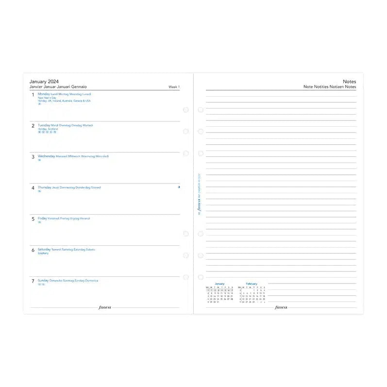 FFX A5 Semaine/1Page + Notes 5 Langues sans Heures-Recharge-Filofax-2024-Papeterie du Dôme