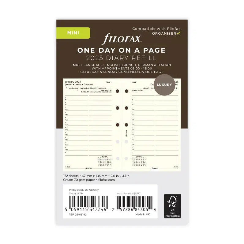FFX Mini Agenda 1Jour/Page 4Langues Avec Heures Crème FILOFAX-Recharge Agenda-Filofax-2025-Papeterie du Dôme